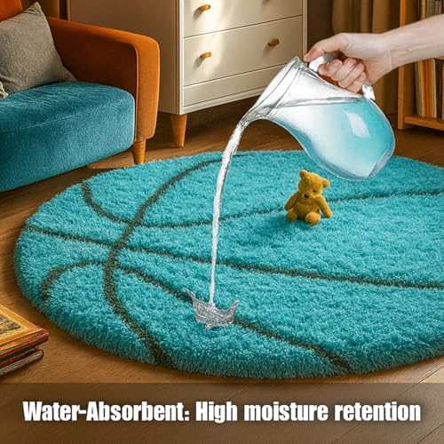 Image of (3x3 feet Basketball Shaped Shaggy Rug - Soft Plush Round Carpet for Kids Room, Sports Theme Bedroom, Living Room Decor - Non-Slip, Machine Washable -(Classic Turquoise, Round)