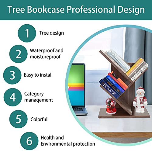 Zrwd Tree Bookshelf, 3-Tier Book Storage Organizer Shelves Floor Standing Bookcase, Wood Storage Rack For Office Home School Shelf Display For Cd/Magazine（Dark Walnut ） #TOP2