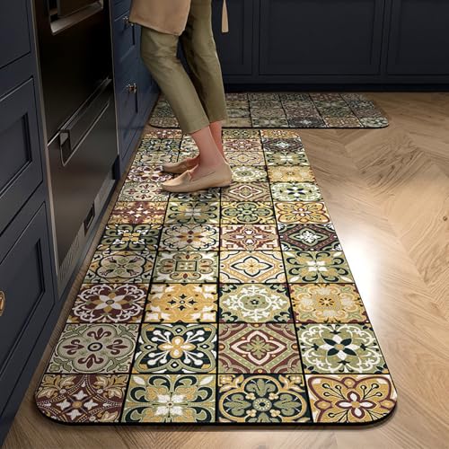Alfombra Cocina 40X60Cm+40X120Cm Verde Marrón Alfombra Vinilica 2 Cuero Alfombras Cocina Antideslizante,Alfombra De Pasillo De PVC Impermeable,Antideslizante Y Resistente Antifatiga Al Aceite