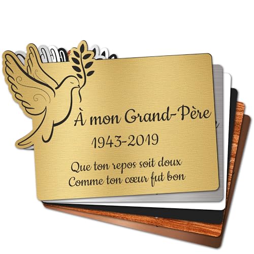 Plaque Funéraire Personnalisée - Plaque Gravée, Motif Colombe, Columbarium - Texte personnalisé 1 à 3 lignes, Or Brossé (Standard (20x15 cm))