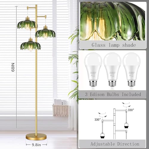 Image of QIYIZM Glass Floor Lamp for Living Room,Bedroom,Mid Century Modern Standing Lamp Brass Tree 3 Light Tall Floor Lamps Vintage Retro Floor Lights Gold Green Flower Lamp Shade Farmhouse Boho Bohemian