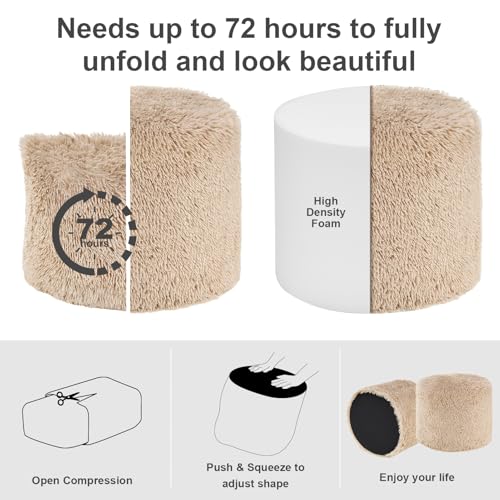Hansleep Round Stuffed Pouf Ottoman 20 x 15, Foam Filled Faux Fur Ottoman Foot Rest for Chair with Washable Cover, Foot Stools Under Desk for Living Room & Bedroom, Brown