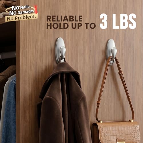 Image of TAILI Metal Adhesive Hooks for Wall No Damage, 2 Pack Heavy Duty Silver | Hold Up to 3.3 LBS, Removable Large Hooks for Coats, Wreath, Towels, No Drill for Home, RV, Dorm, Rental, Decorative Hangers
