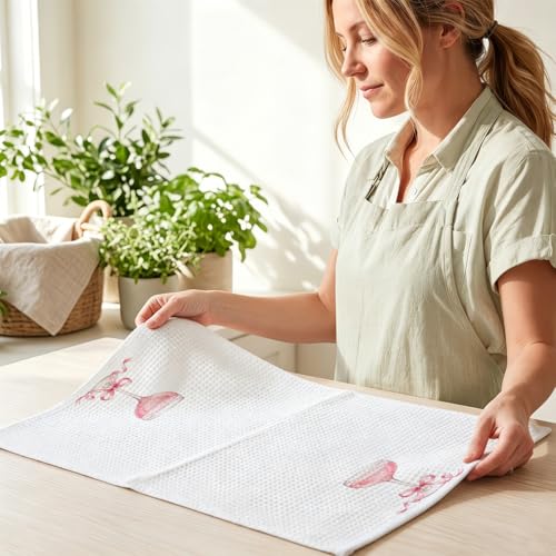 Image of 2 Pcs Pink Bow Champagne Kitchen Towels, Coquette Pink Reusable Dish Towels | Waffle Weave Hand Cloth Tea Towel for Kitchen Bathroom Home Decor, Alcohol Lover Gifts for Women Mom Friend 24x14 Inch