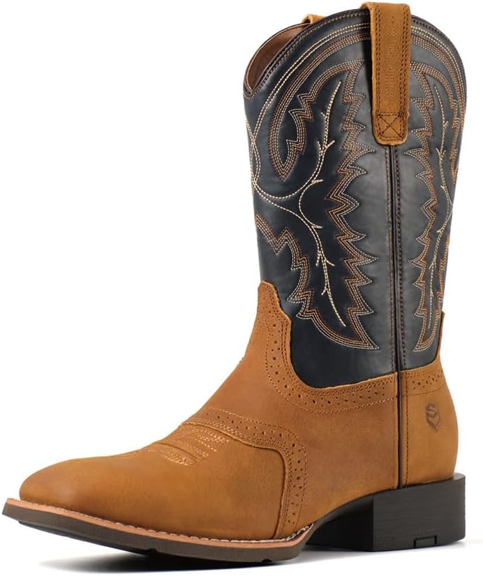 SUREWAY Western Boots For Men - Mens Square Toe Cowboy Boot,Oil/Slip Resistant,Durable Fashionable Classic Pull on 10 Inch Wellington Boots - Soft Toe Work Boots
