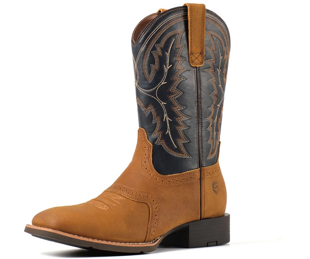 SUREWAY Men's Cowboy Boots, Square Toe Pull On Soft Toe Western Boot