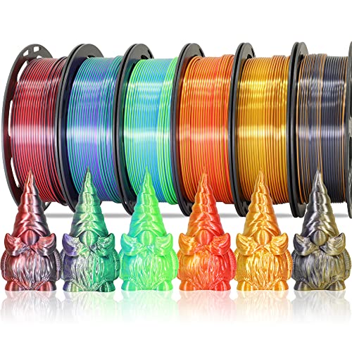 Image of MIKA3D 6 Spools Bicolor Dual Color 1.75mm 3D Printer Filament Bundle, 3D Printing Silk PLA, Silk Red-Gold /Red-Black /Black-Orange /Gold-Copper /Lime Green-Blue /Green-Purple, 3D Silk PLA 250g X 6 Spools
