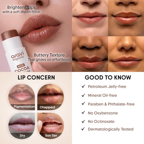 Image of Aravi Organic Nude Cocoa Lip Balm SPF 50 PA++++ | Lip Balm for Dark, Dry & Pigmented Lips | Kojic Acid, Ceramide & Peptide | Brightening, Hydrating & Sun Protection Lip Balm for Women & Men - 5g