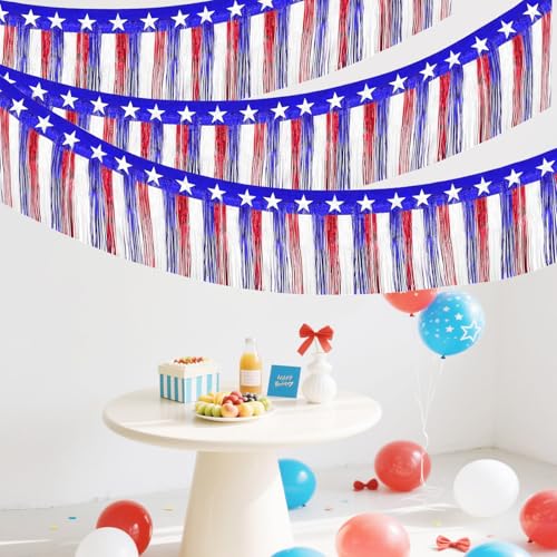 Image of 4th of July Decorations 2Pack 40Ft Red White and Blue Fringe Backdrop Banner for Parade Floats Decor Independent Day Memorial Day Veterans Day Patriotic Party Indoor Outdoor Hanging Decorations