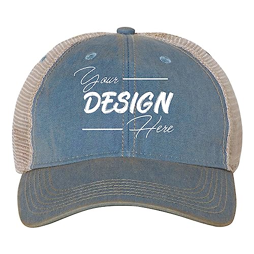 INK STITCH Unisex OFA Legacy Custom Personalized Add Logo Texts Old Favorite Trucker Caps (Light Blue/Khaki)
