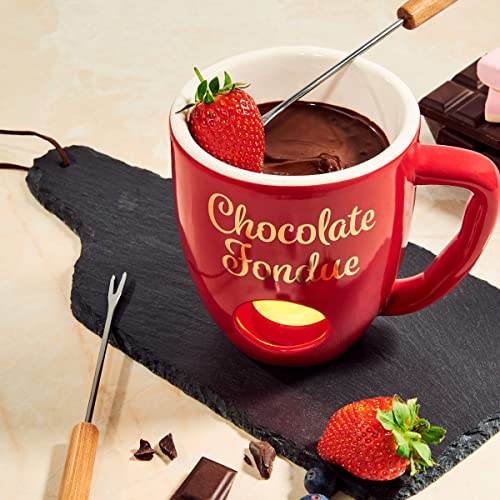 Foto von BUTLERS Schokoladenfondue Set für 2 Personen – CHOCOLATE FONDUE – Teelicht Schokofondue Tasse aus Porzellan mit Edelstahl-Gabeln | Kleines Fondueset für Schokolade Käse | Schoko Fondue Teelichthalter