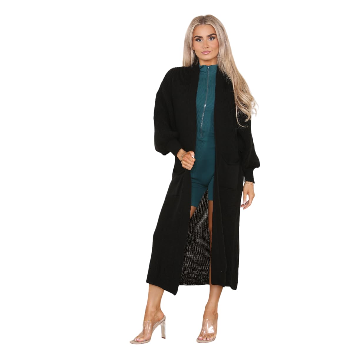 celebmodelook Womens Balloon Sleeve Cardigan Ladies Chunky Knitted Open Front Winter Oversized Long Maxi Cardigan Black