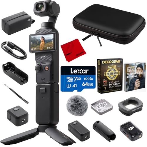 Image of DJI CP.OS.00000302.01 Osmo Pocket 3 Creator Combo 4K 120fps Handheld 3-Axis Gimbal Bundle with CPS 26 Month Protection Pack, 64GB Card, 10 inch Case, HDMI Cable, Cleaning Cloth and Deco Gear Master Guide