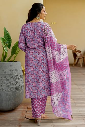 Image of MIRCHI FASHION Women's Straight Fit Pure Cotton Embellished Floral Printed Kurta Set with Dupatta and Trouser