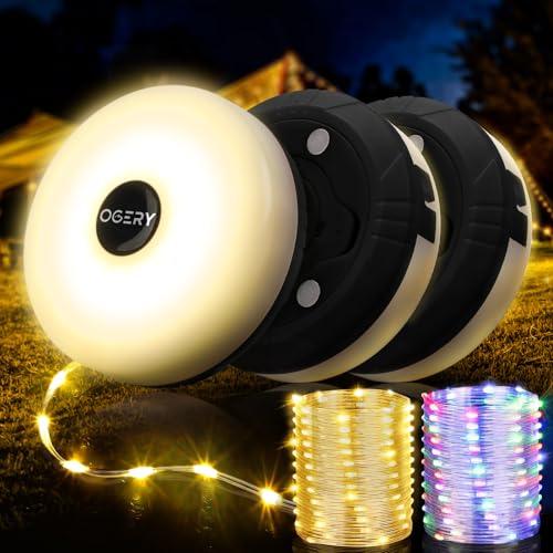 OGERY 3-Pack Camping String Lights, 4 in 1 Quick Storage 32.8FT Rechargeable Tent Lights String with 8 Lighting Modes, Hanging Waterproof Portable LED Lamp for Outdoor Patio Awning Party Ess