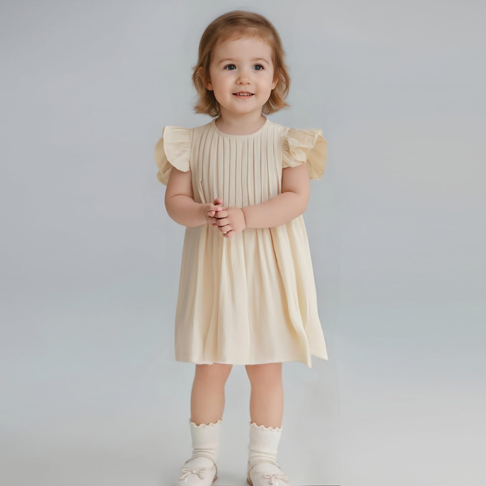 Seuyae Baby Girl A Line Dress for 24 Months Girls Summer Sundress Mustard Yellow Flutter Sleeve