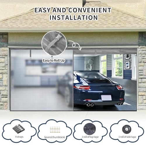 Image of Garage Door Screen for 1 Car Garage,9x7Ft Heavy Duty Magnetic Garage Screen,Durable Nylon Screen Door Mesh,Tear-Resistant, Pet and Kid Friendly Door Screen,Silver Grey