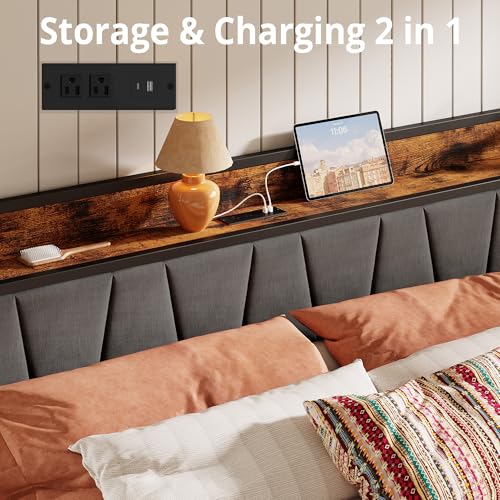 Image of LIKIMIO California King Size Bed Frame with 2 Drawers and Charging Station | Platform Bed with Upholstered Storage Headboard, No Box Spring Needed, Easy Assembly, Sturdy, Industrial Brown and Gray
