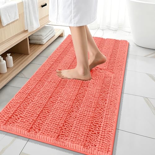 Image of OLANLY Thick Bathroom Runner Rugs 47x20, Extra Absorbent Chenille Striped Bath Rugs, Rubber Backing, Machine Wash Dry, Long Bath Mats for Bathroom Floor, Tub and Shower, Home Decor Accessories, Coral