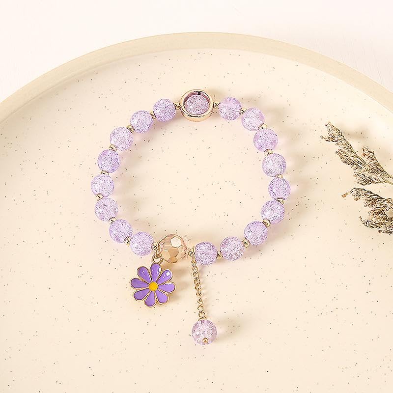 Image of El Regalo 1 PC Dailsy Flower Sparkly Crystal Beads Tassel Bracelet for Girls /Teens /Women- Cute Crackle Beads Daisy Flower Stretch Bracelet