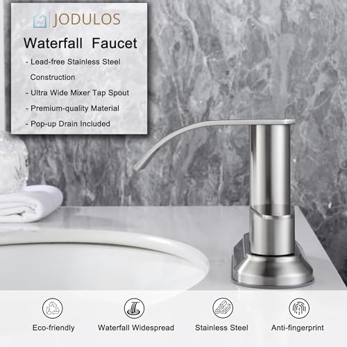 Jodulos 4 inch Centerset 3 Hole Bathroom Faucets Brushed Nickel, Center Set Faucet with cUPC Supply Lines, 2 Handle Waterfall Bathroom Sink Faucet with Pop Up Drain Stopper JU-DE-201-BN by Jodulos - Used condition - Image 4