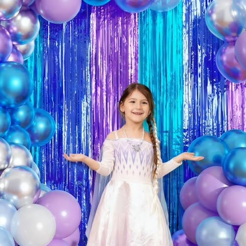 Image of Blue Purple Balloon Garland Arch Kit Birthday Party Decorations, Music Themed Foil Fringe Curtains Backdrop Tinsel Streamer Photo Booth Props for Christmas Winter Wonderland Party Decor Supplies