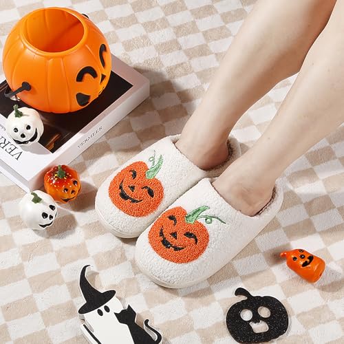 Image of Halloween Pumpkin Slippers for Womens Mens Plush Warm Spooky Lantern Pumpkin Slippers House Shoes