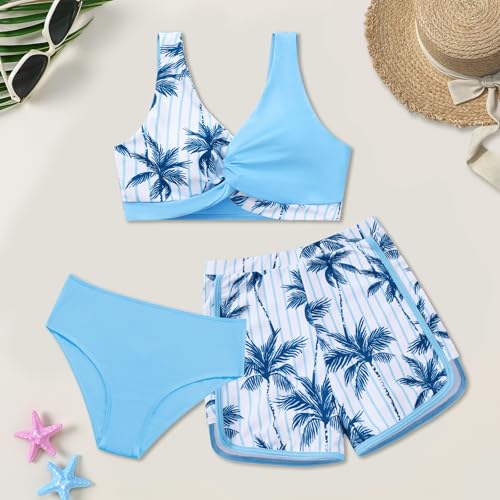 Image of Weixinbuy Girl's 3 Piece Swimsuit Teen Swimwear Tropical Print Twist Cross Bikini Bathing Suit with Cover Up Shorts Size 9-16