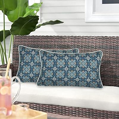 Magpie Fabrics Pack of 2 Outdoor Lumbar Pillow Case Covers 12"x20", Waterproof Rectangular Throw Pillowcase Shell Decorative Sham for Patio Garden Couch - Morgan Medal Blue