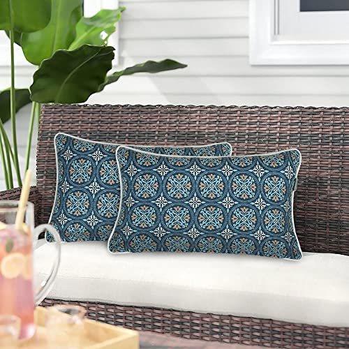 Magpie Fabrics Pack of 2 Outdoor Lumbar Pillow Case Covers 12"x20", Waterproof Rectangular Throw Pillowcase Shell Decorative Sham for Patio Garden Couch - Morgan Medal Blue