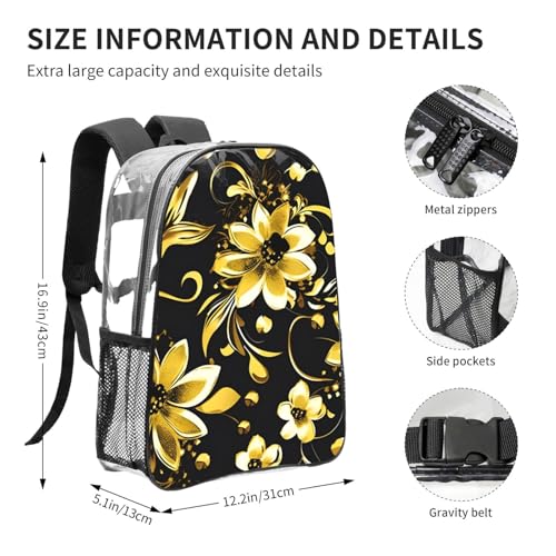 black and gold flowers Print Work Travel Stadium Events Transparent Backpack PVC Clear Bag Large Side Pockets4