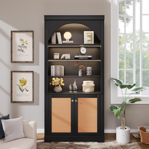 Image of Tall Bookshelf with Rattan Doors&4-layer LED Lightings (Black Rattan) | Modern Bookcase with Rattan Doors and Open Adjustable Shelves,Storage Bookshelf for Living Room,Home Office