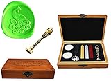 MNYR Vintage Fancy Peacock Crown Bird Decorative Luxury Wood Box Bronze Metal Peacock Wedding Invitations Gift Cards Paper Stationary Envelope Custom Wax Seal Sealing Stamp Stick Melting Spoon Box Set