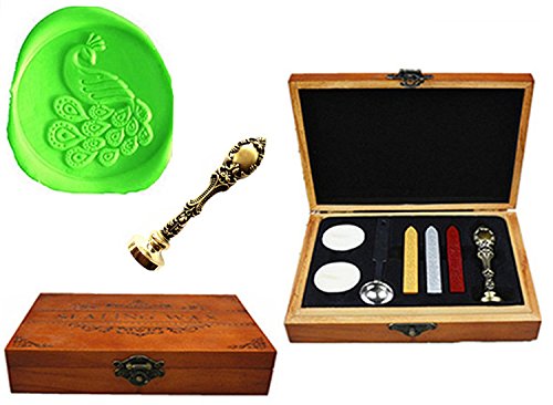 MNYR Vintage Fancy Peacock Crown Bird Decorative Luxury Wood Box Bronze Metal Peacock Wedding Invitations Gift Cards Paper Stationary Envelope Custom Wax Seal Sealing Stamp Stick Melting Spoon Box Set