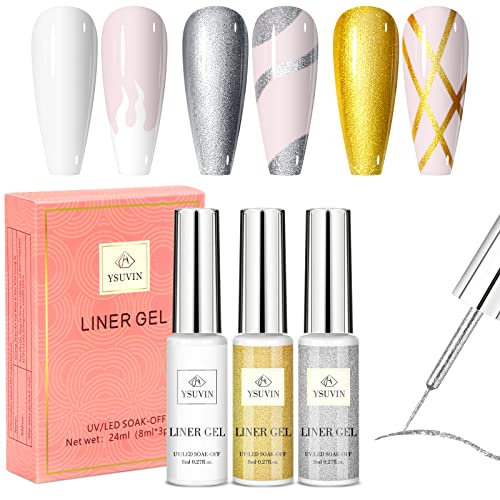 YSUVIN Liner Gel Nail Art, 3PCS Vernis Semi Permanent Or Argent Blanc Wire Drawing Nail Gel Vernis Ensemble Soak-Off UV/LED Tirez Ligne Stylo Pour DIY Paint Nail Art Décoration, Gel Line Ongles