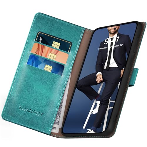 Coque Google Pixel 10 Pro XL SUANPOT à rabat en cuir bleu vert - 5