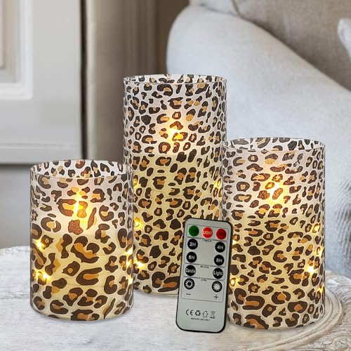 Image of Flickering Flameless Candles, Recessed String Light LED Candles 3D Wick Acrylic Battery Operated LED Pillar Candles with Remote and Timer for Modern Simple Home Decor Set of 3(Leopard)