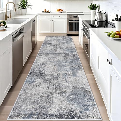 Washable Wide Runner Rug 4x12 - Living Room Abstract Runner Rugs Soft Low Pile Indoor Carpet for Bedroom Kitchen Non Slip Backing Stain Resistant Distressed Floor Decor Machine Washable Mat 4x12 Blue