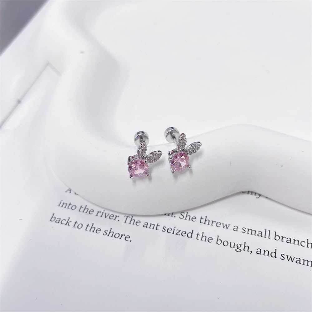 20g Rabbit Pink CZ Small Stud Earrings for Women Dainty Cute Crystal Bunny Animal Cartilage Tiny Flat Screw Back Stainless Steel Silver Plated Hypoallergenic Piercing Studs - Image 2