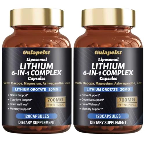 2 Packs Lisopomal Lithium Orotate Complex Capsules Lithium Orotate 20 mg Magnesium Glycinate & Ashwagandha Brain Health Supplements for Cognitive Mood & Memory Non-GMO 240 Vegan Capsules