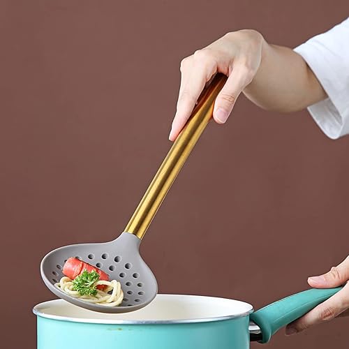 Miniatura 7 de Berglander - Colador antiadherente de silicona con mango chapado en oro de titanio, desnatadores de cocina para utensilios de cocina antiadherentes,