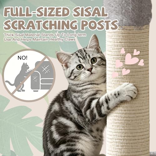 Image of 72 Inch Big Cactus Cat Tree for Indoor Cats, Cute Cat Tower with Transparent Capsule, Flower Cat Tree with Sisal Scratching Post, Multi-Level Activity Center for Kittens & Large Cats (Gray)