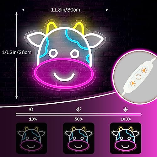 Image of Cow Neon Sign Cute Cow Neon LED Signs for Wall Dimmable Light Up Signs for Kids Room Bedroom Led Lights Sign Decor Animal Night Light Gift for Boys Girls USB Powered