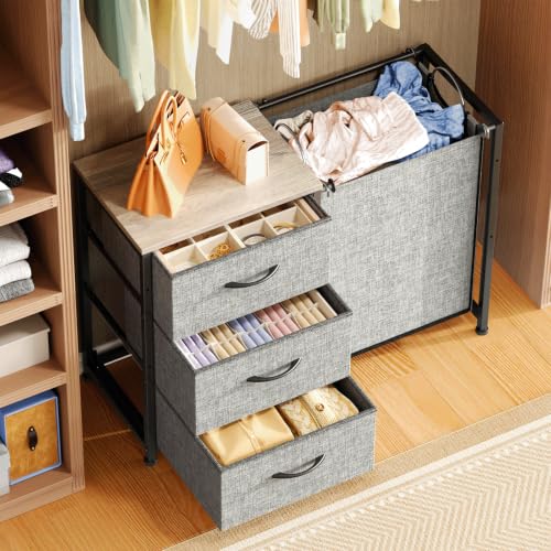 Hongtamoya 2-in-1 Closet Organizers and Storage, 3 Drawer for Closet, Grey | Closet Drawers with Removable Laundry Basket & Wooden Top, Dresser for Closet, Closet Drawer Units for Bedroom, Dorm - image 1