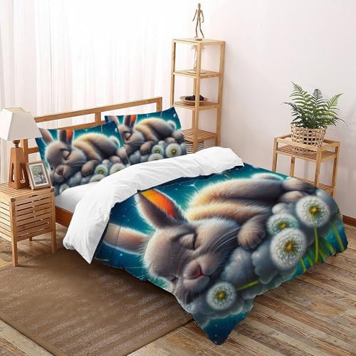 Housse de couette lapin 200x200cm en microfibre dessin animé et 2 taies