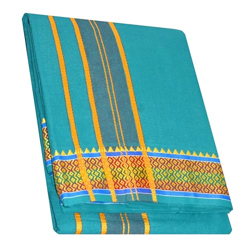 Image of TUNI MANI Men's Panchakacham Dhoti with Angavasthram with Zari Border, Cotton, Size: 9 X 5 (4.0mtr Dhoti, 2.25mtr Towel)