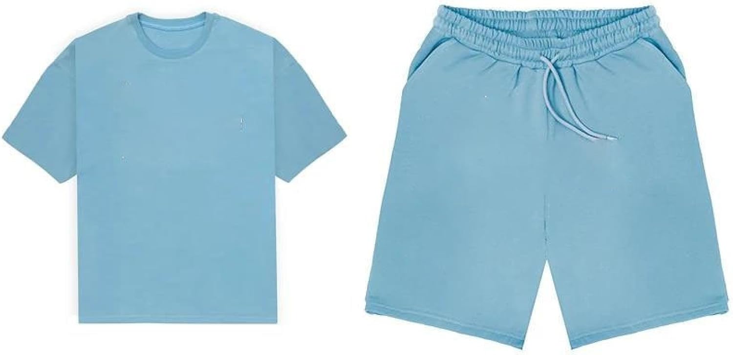 Men's Summer Solid Color T-Shirt And Shorts Set Casual Loose Fit Drawstring Lightweight 2-Piece Outfit For Beach Home