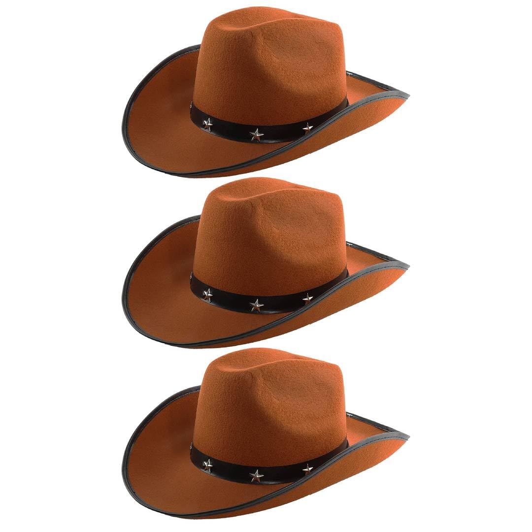 Adults Star Studded Cowboy Hat - Pack of 3 - Brown Felt Western Style Hat with Decorative Star Studs - Classic Wild West Fancy Dress Costume Accessory for Parties Festivals Cosplay Cowgirl Events