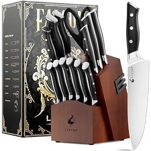 Livtek-Knife-Set-with-Block-Kitchen-Knife-Set-German-High-Carbon-Stainless-Steel-with-Built-in-Sharpener-Full-Tang-Triple-Rivet-Ergonomic-Handle-Holiday-Gift-Idea-15-Piece-Falcon-Series Livtek Knife Set with Block - Kitchen Knife Set German High-Carbon Stainless Steel with Built-in Sharpener - Full Tang, Triple-Rivet Ergonomic Handle - Holiday Gift Idea - 15-Piece, Falcon Series.