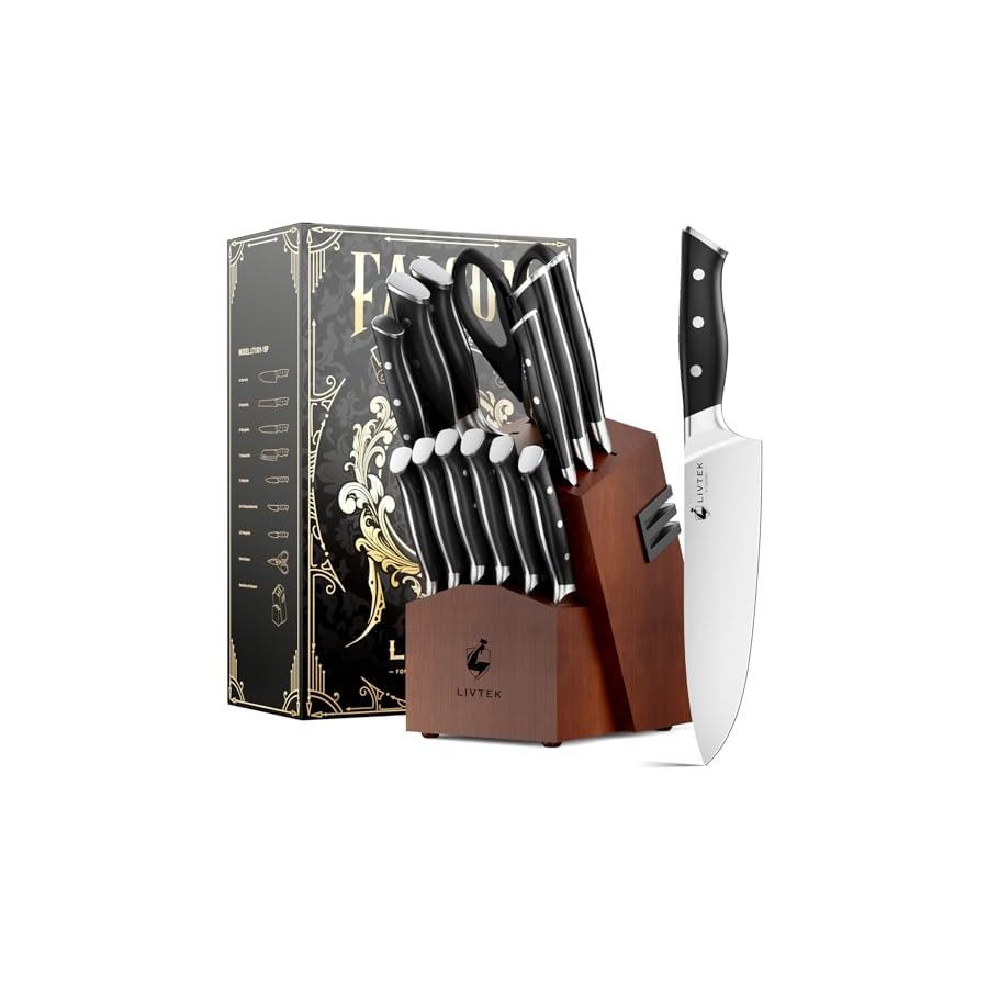 Livtek-Knife-Set-with-Block-Kitchen-Knife-Set-German-High-Carbon-Stainless-Steel-with-Built-in-Sharpener-Full-Tang-Triple-Rivet-Ergonomic-Handle-Holiday-Gift-Idea-15-Piece-Falcon-Series Livtek Knife Set with Block - Kitchen Knife Set German High-Carbon Stainless Steel with Built-in Sharpener - Full Tang, Triple-Rivet Ergonomic Handle - Holiday Gift Idea - 15-Piece, Falcon Series.